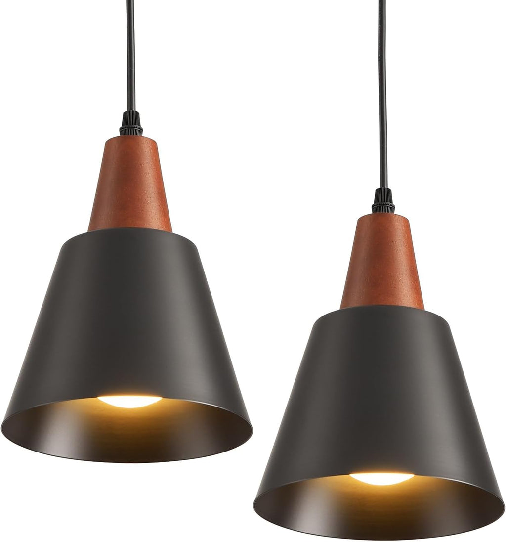 2‑Pack Black Wood Dome Pendant Lights
