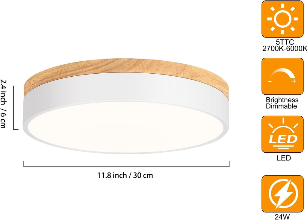 11.8" Dimmable 5CCT Wood LED Flush Mount Light