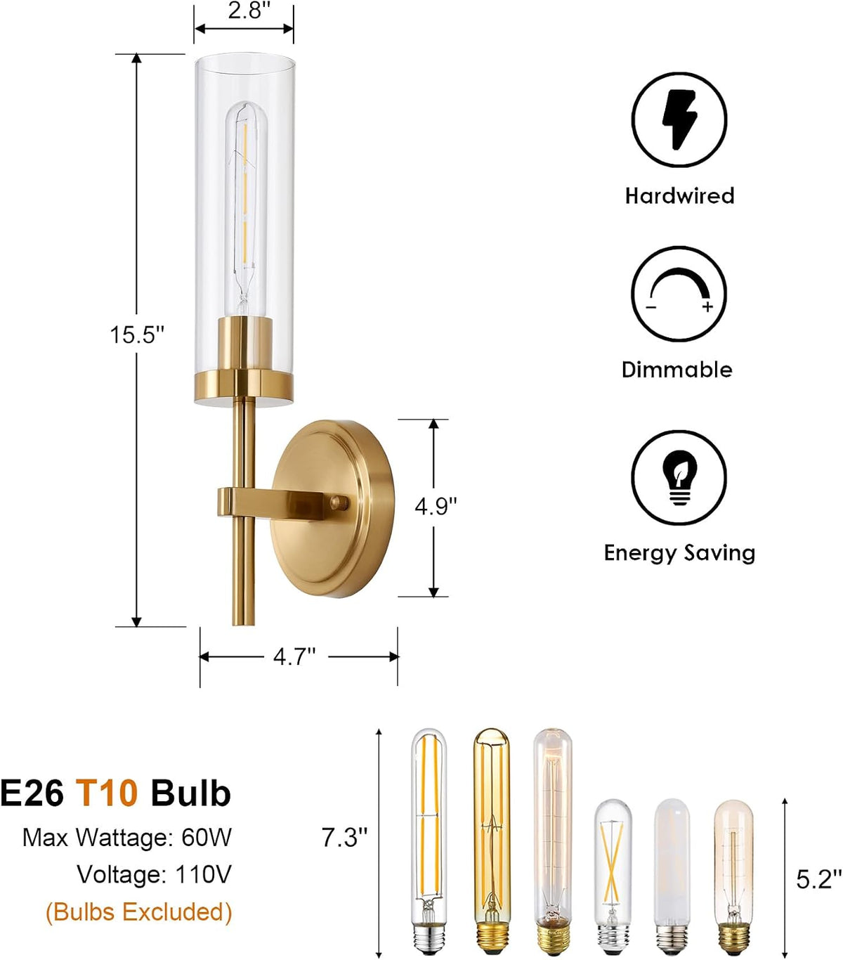 Gold 2‑Pack Hardwired Vanity Sconces, Clear Glass