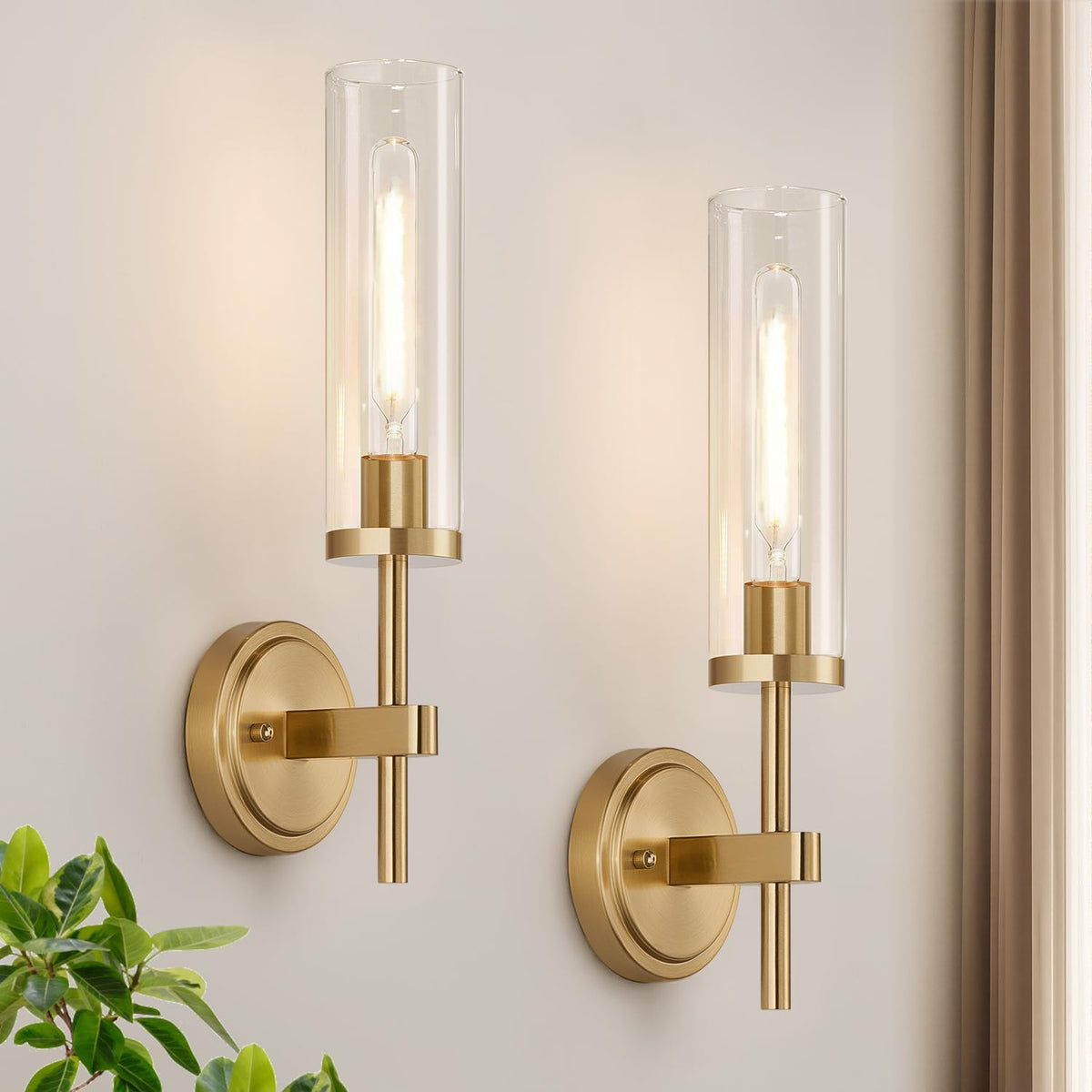 2‑Pack Brushed‑Gold Clear‑Glass Hardwired Wall Sconces