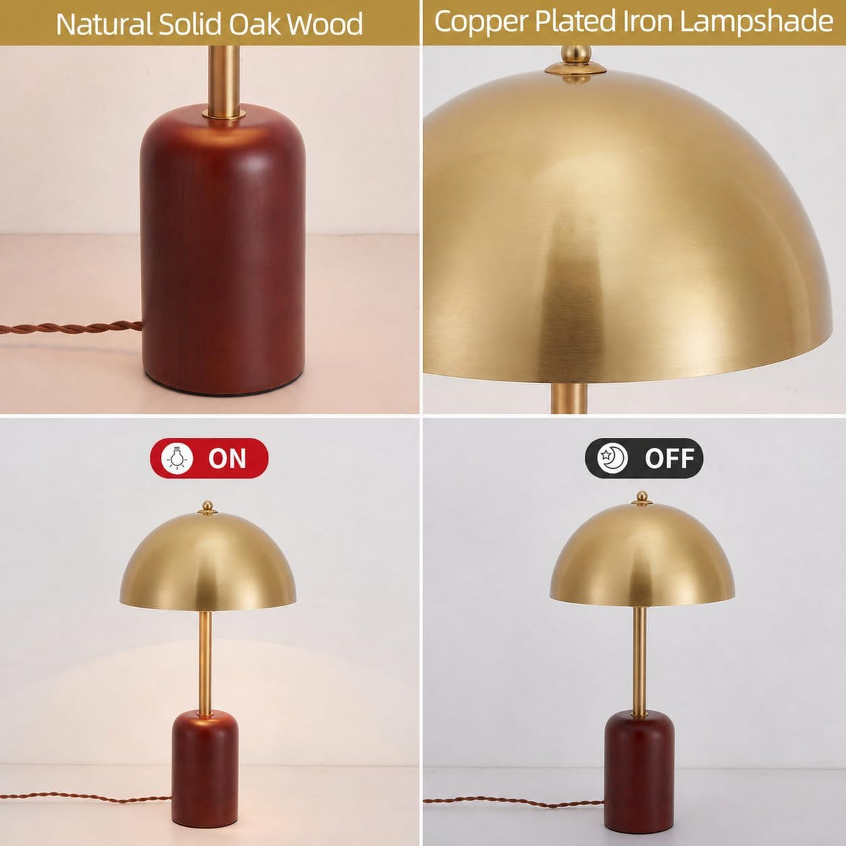 Modern Farmhouse Oak Wood Brass Mushroom Table Lamp