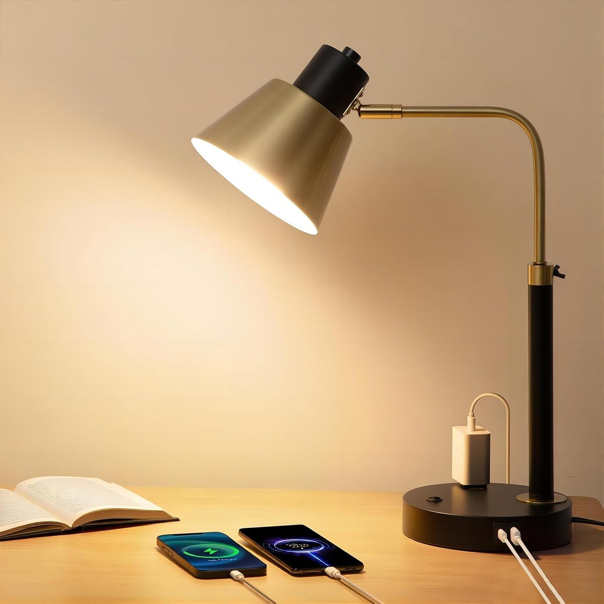 Metal Desk Lamp with USB‑C/A & AC Outlet