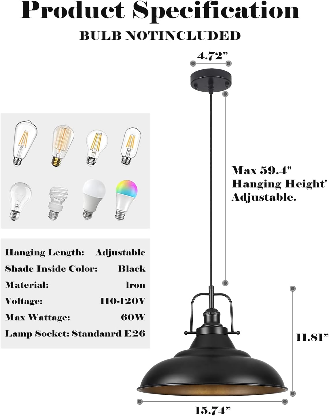 1‑Pack 16" Matte Black Industrial Pendant Light