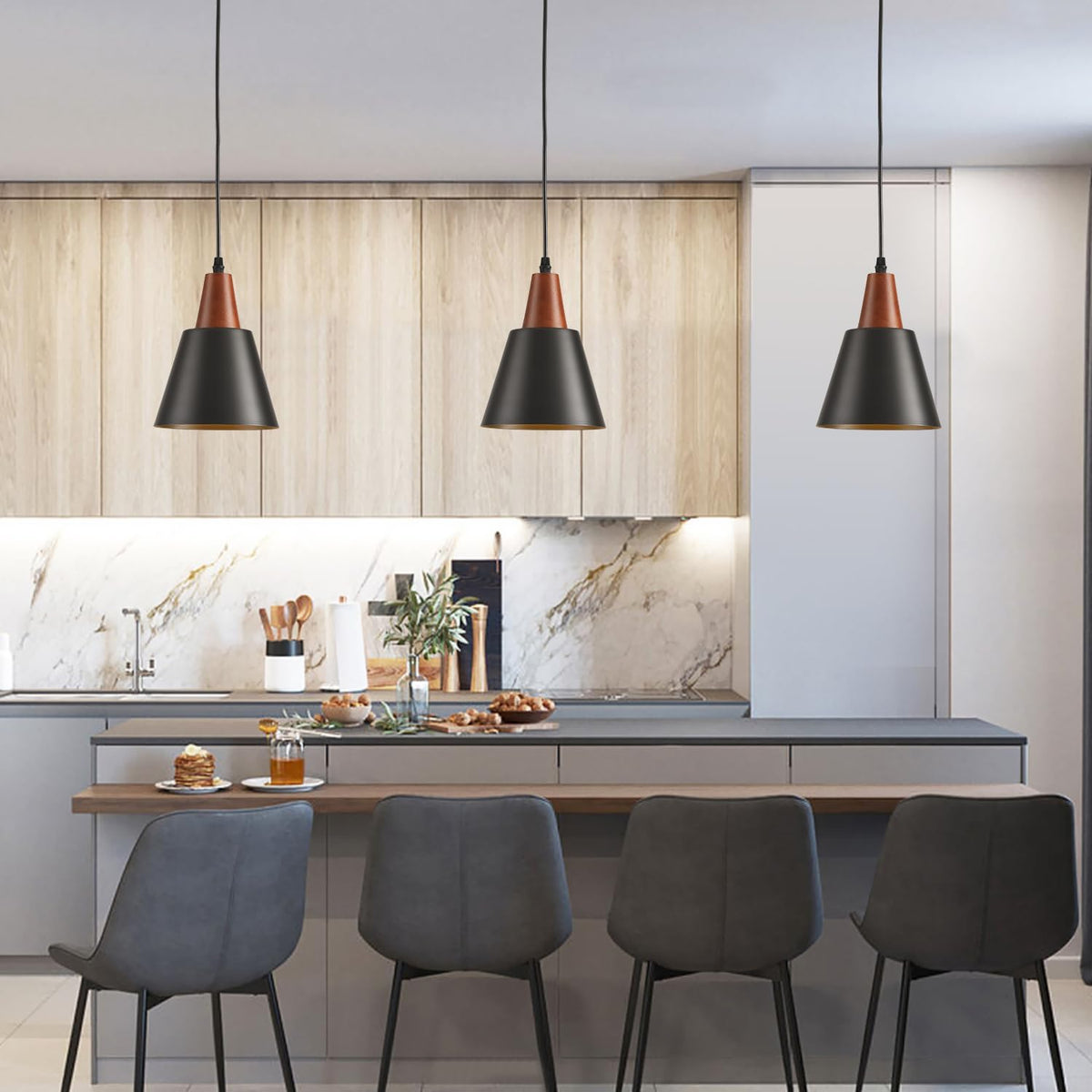 2‑Pack Black Wood Dome Pendant Lights