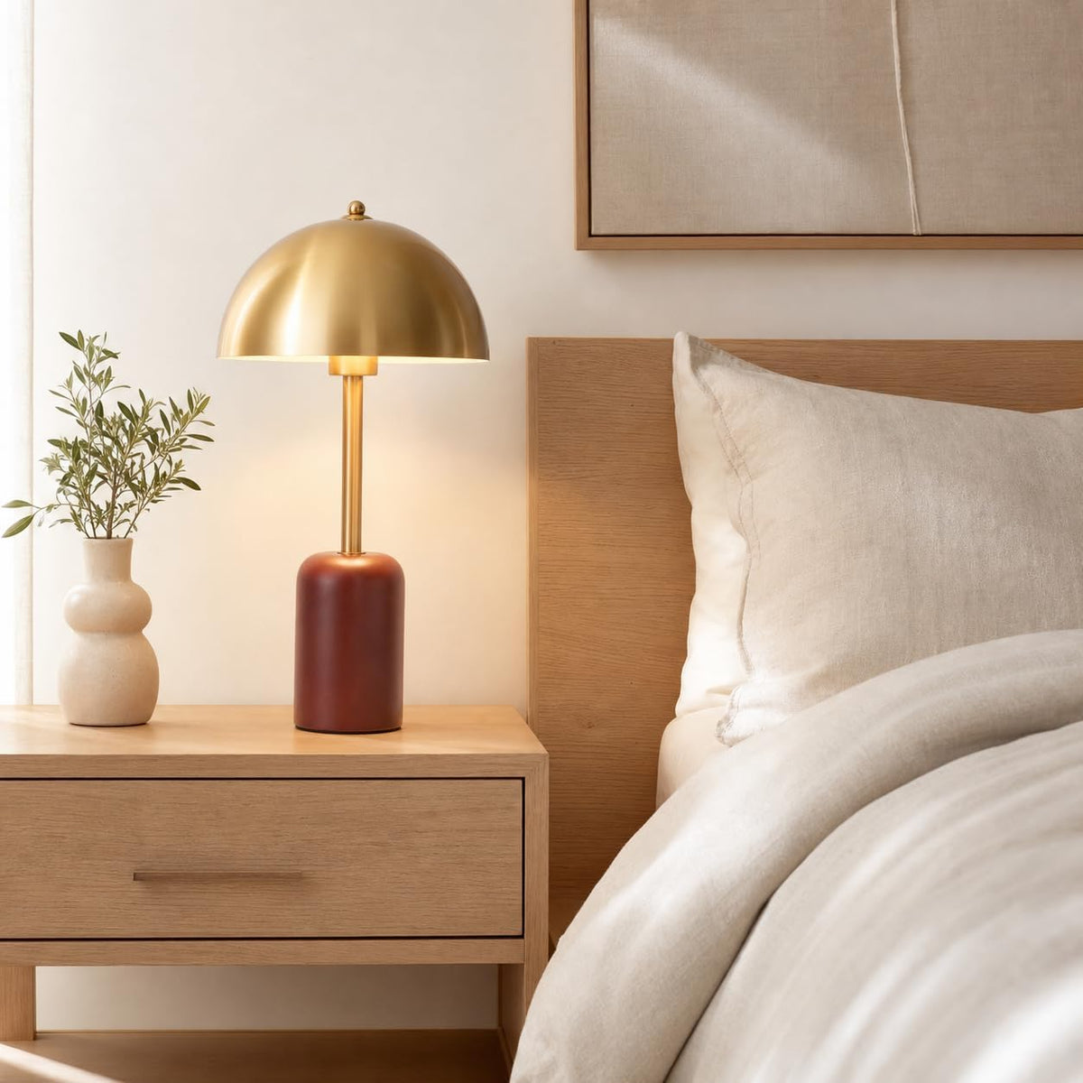 Modern Farmhouse Oak Wood Brass Mushroom Table Lamp