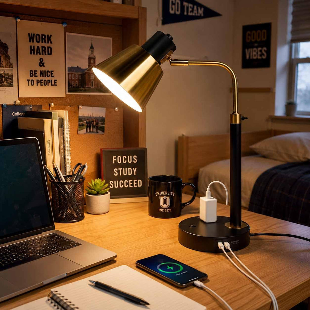 Metal Desk Lamp with USB‑C/A & AC Outlet