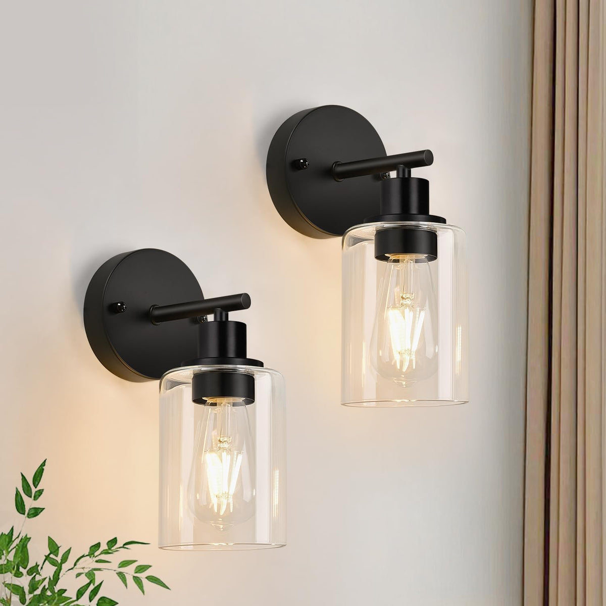 2‑Pack Black Vanity Sconces, Clear Glass Shade