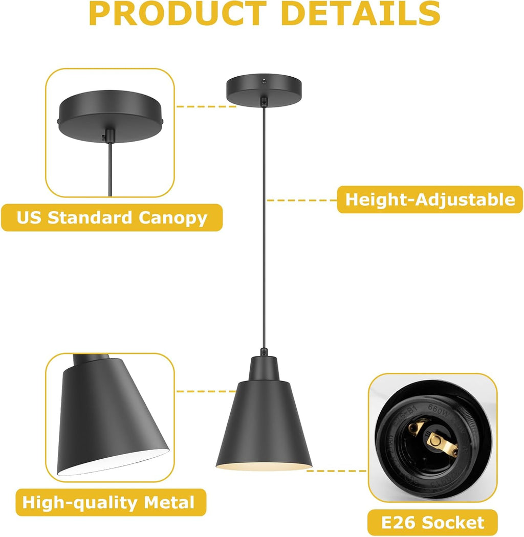 3‑Pack Black Metal Shade Industrial Pendant Lights