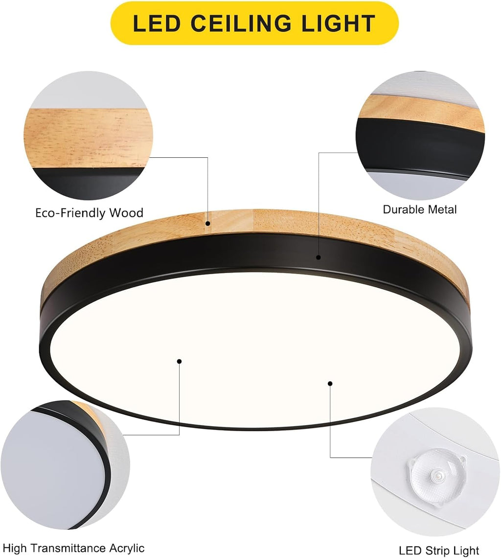 11.81" Modern Wood‑Black Round LED Flush Mount Light
