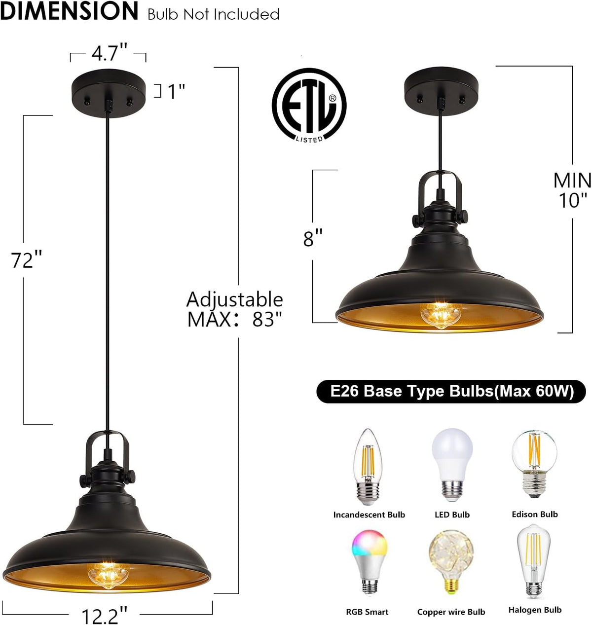 3‑Pack Matte Black Farmhouse Pendant Lights