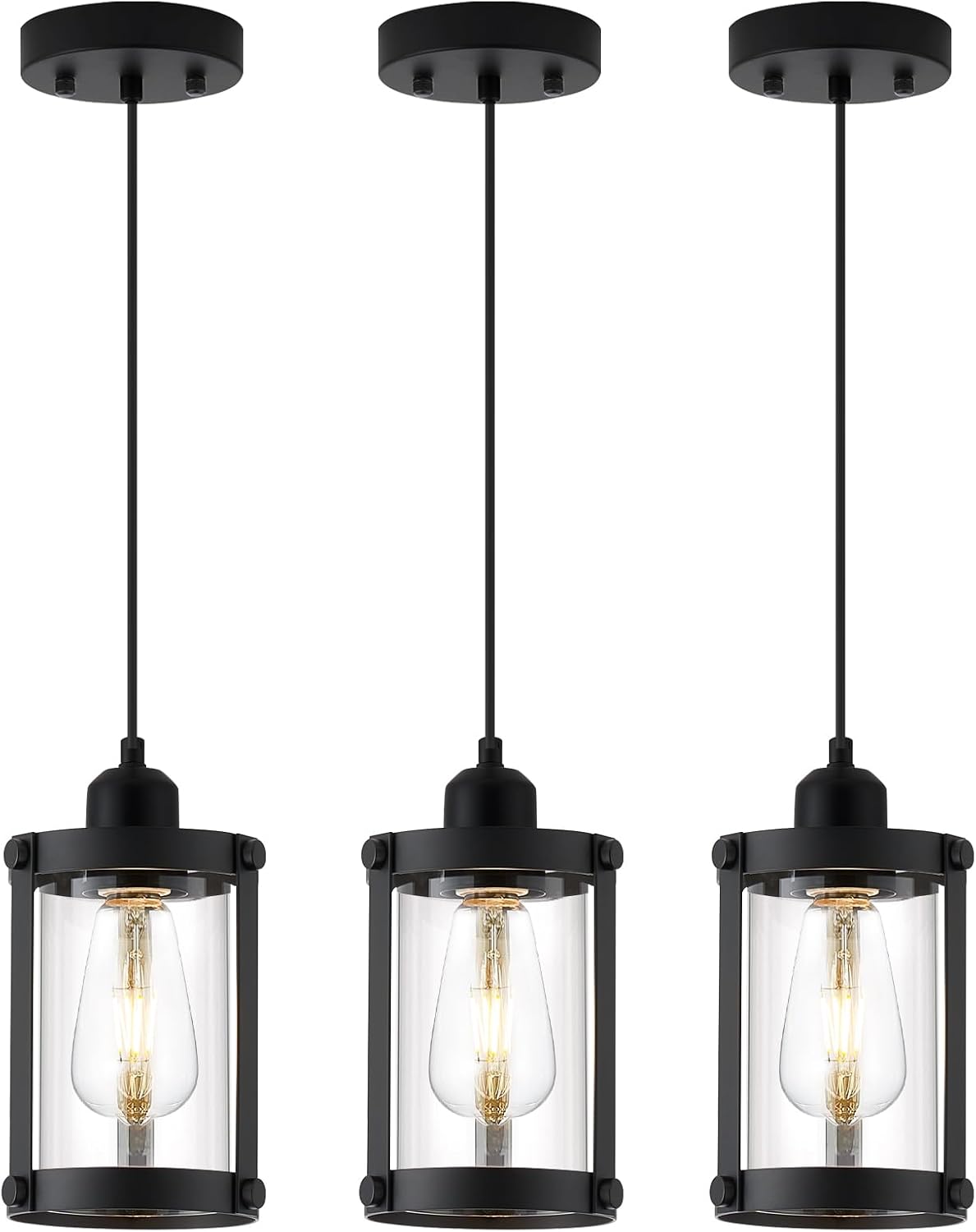 3‑Pack Matte Black Clear Glass Pendant Lights