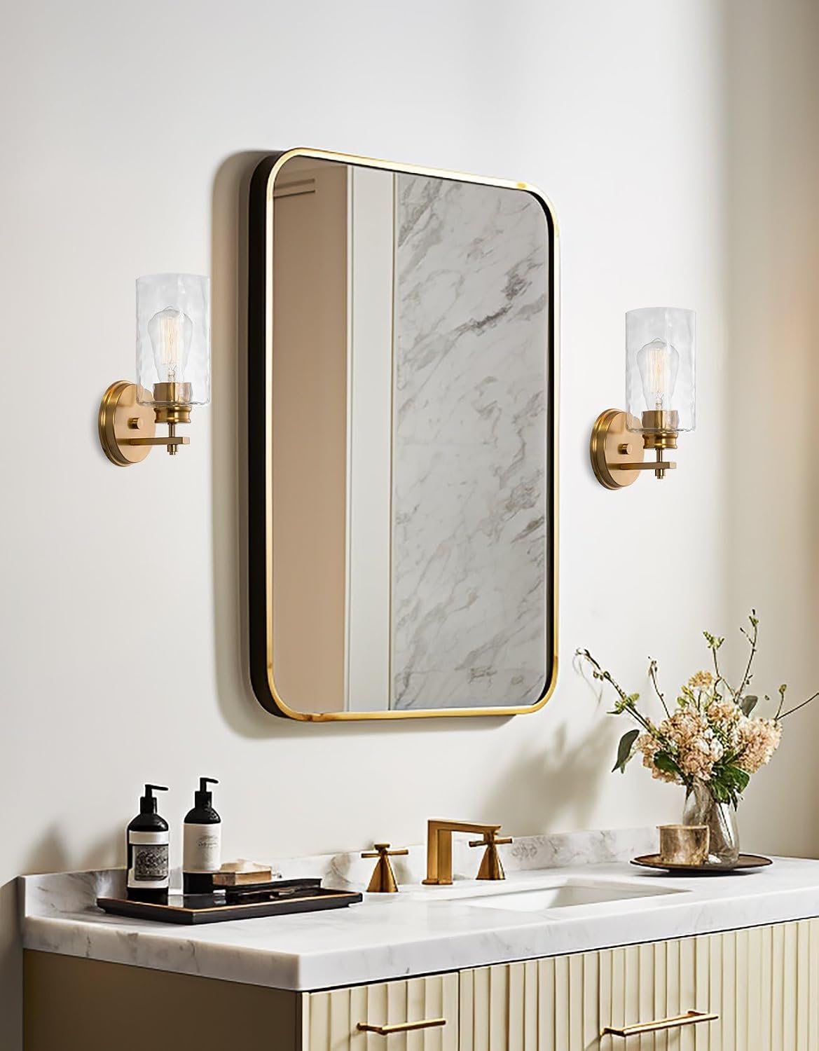 Home Phoebe Cool‑Brass Hammered‑Glass Wall Sconce