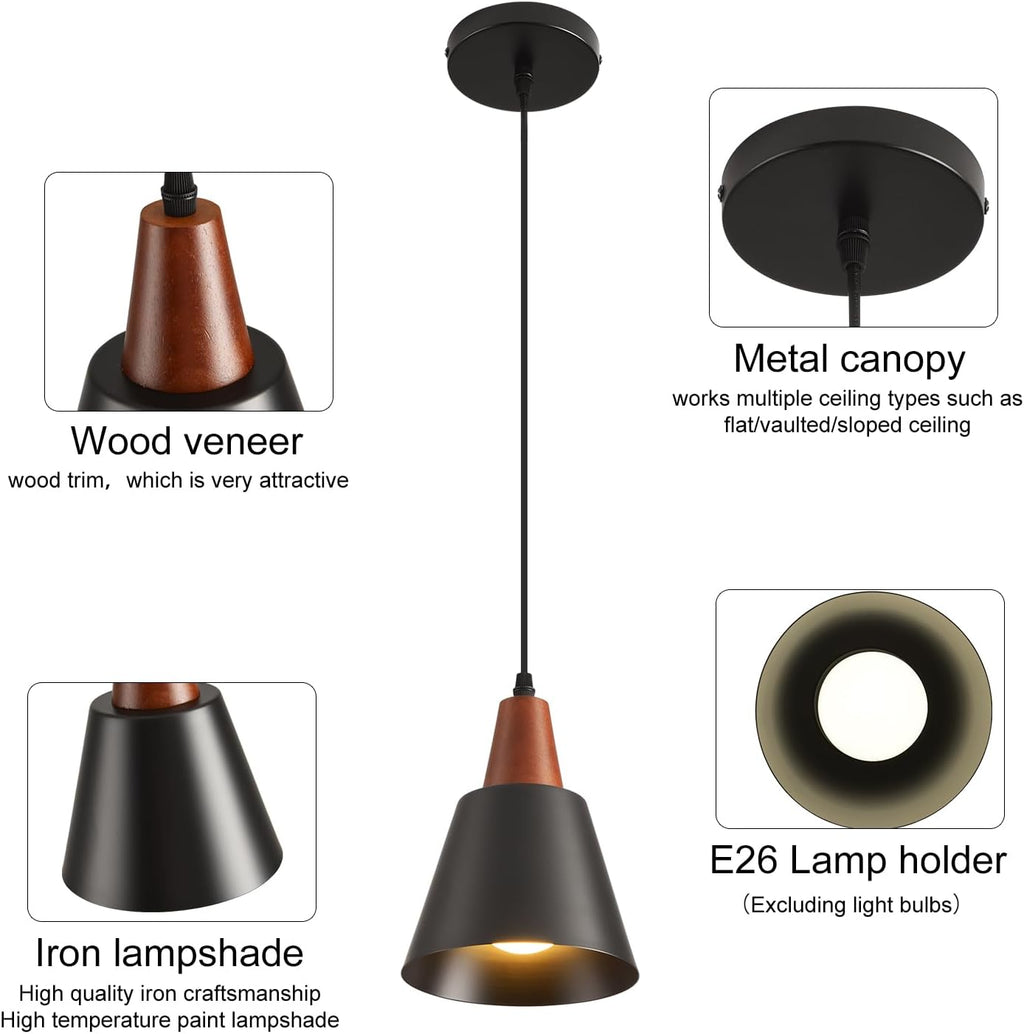 2‑Pack Black Wood Dome Pendant Lights