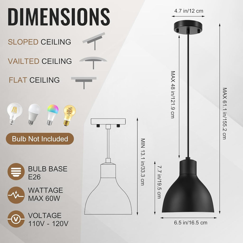 3‑Pack 6.5" Black Dome Industrial Pendant Lights