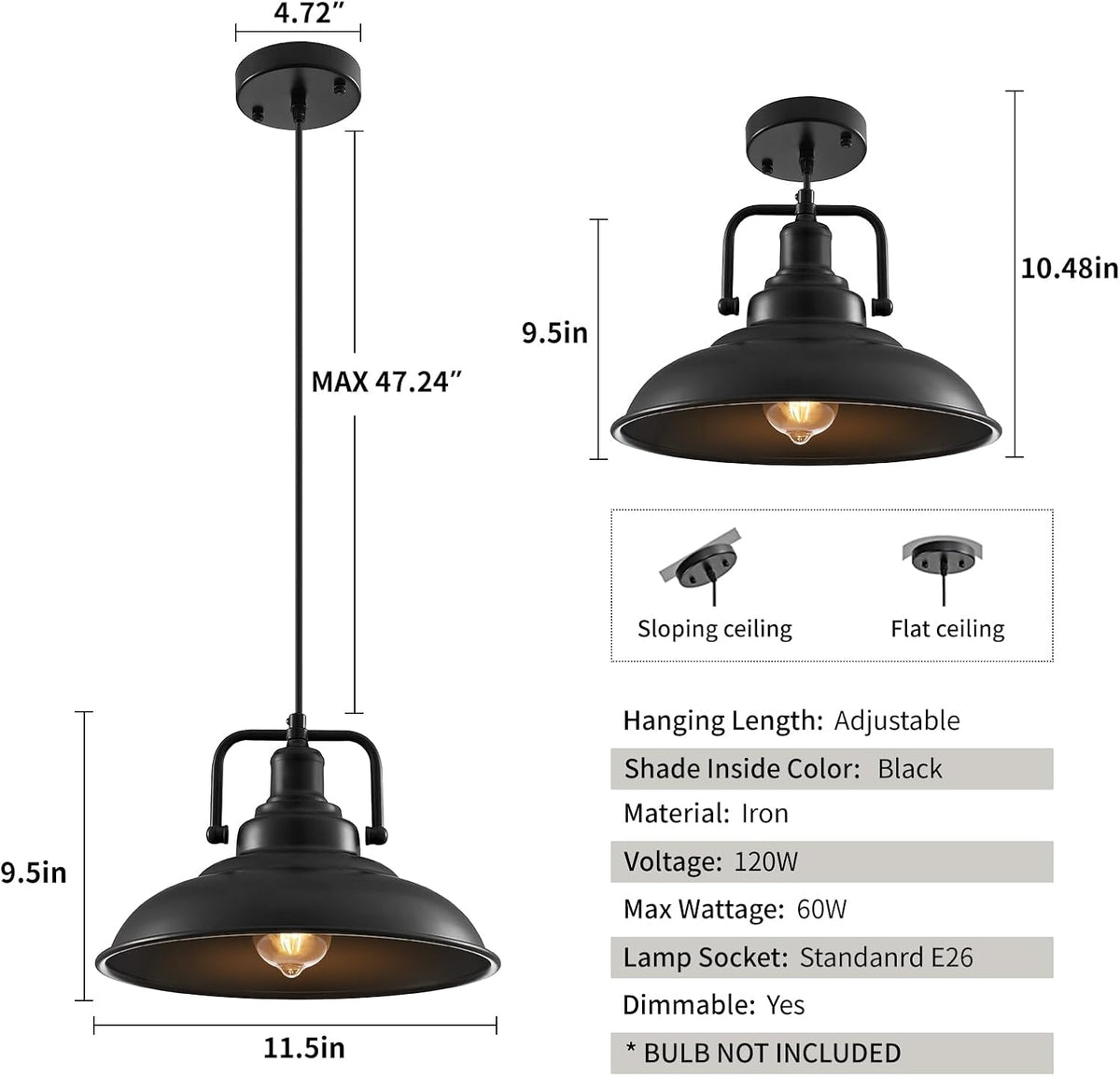 3‑Pack 12.5" Black Farmhouse Pendant Lights