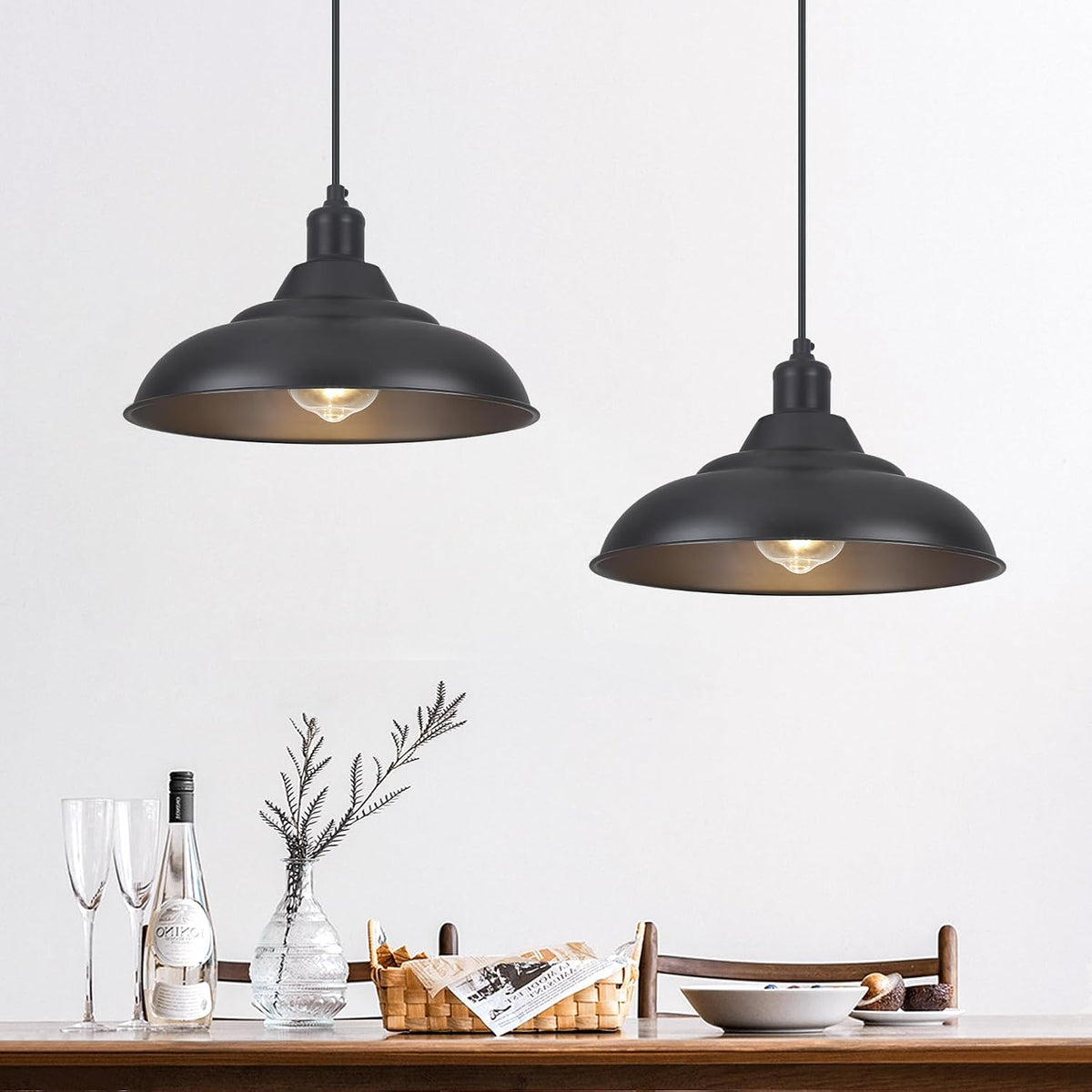 2‑Pack 15.7" Matte Black Dome Pendant Lights