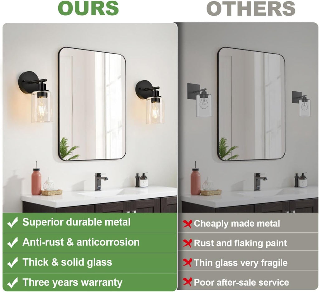 2‑Pack Black Vanity Sconces, Clear Glass Shade