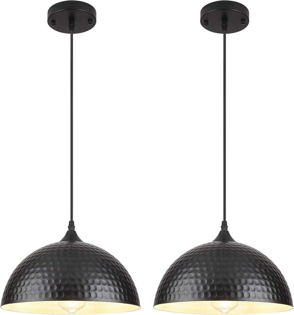 2‑Pack Matte Black Hammered Metal Pendant Lights