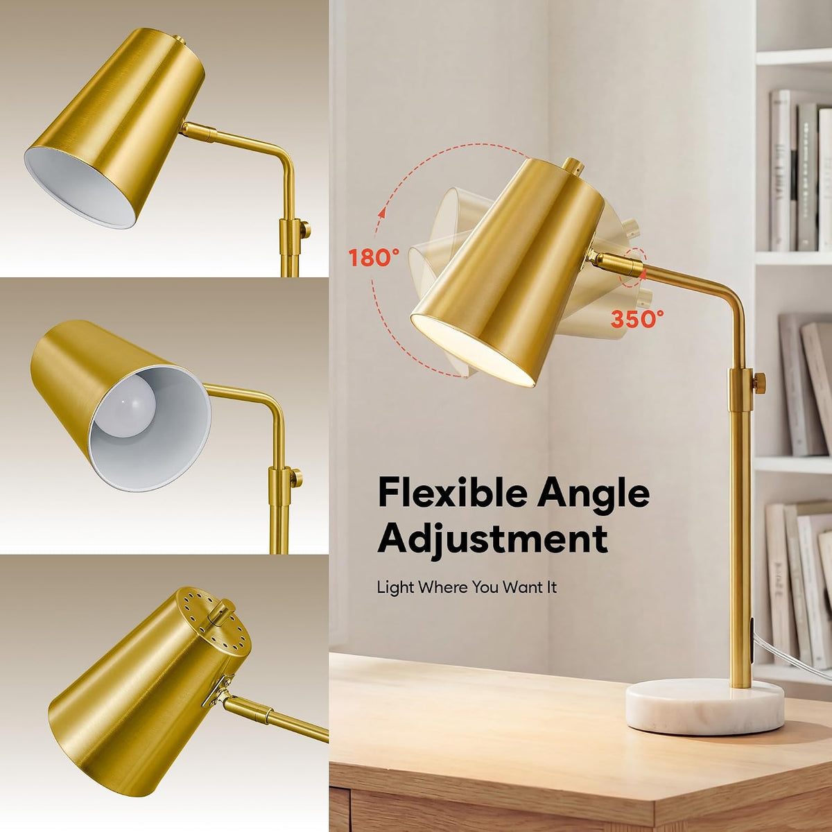 20" Gold Marble Base Adjustable Desk Lamp