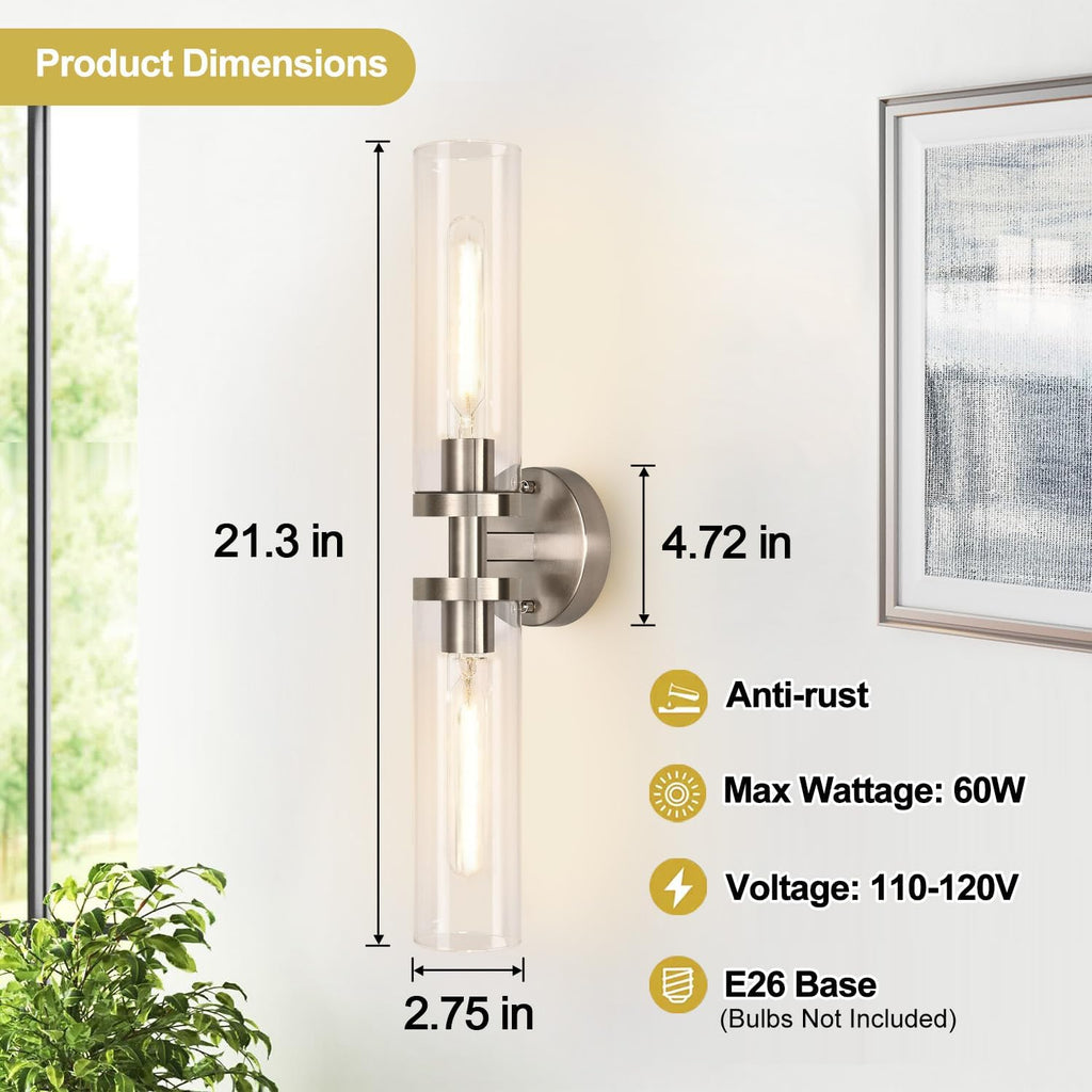 2‑Pack Brushed‑Nickel Clear‑Glass Hardwired Wall Sconces