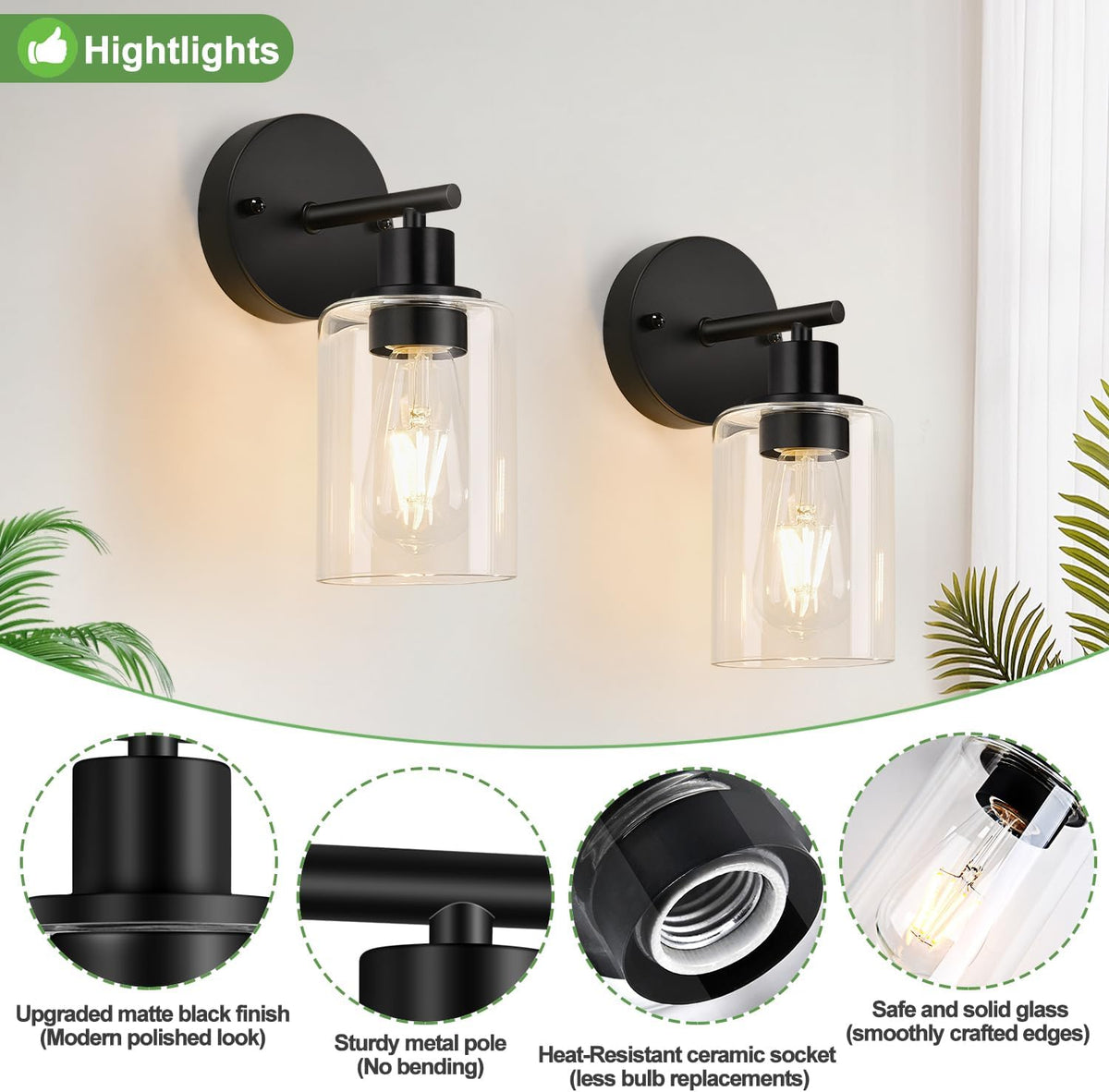 2‑Pack Black Vanity Sconces, Clear Glass Shade
