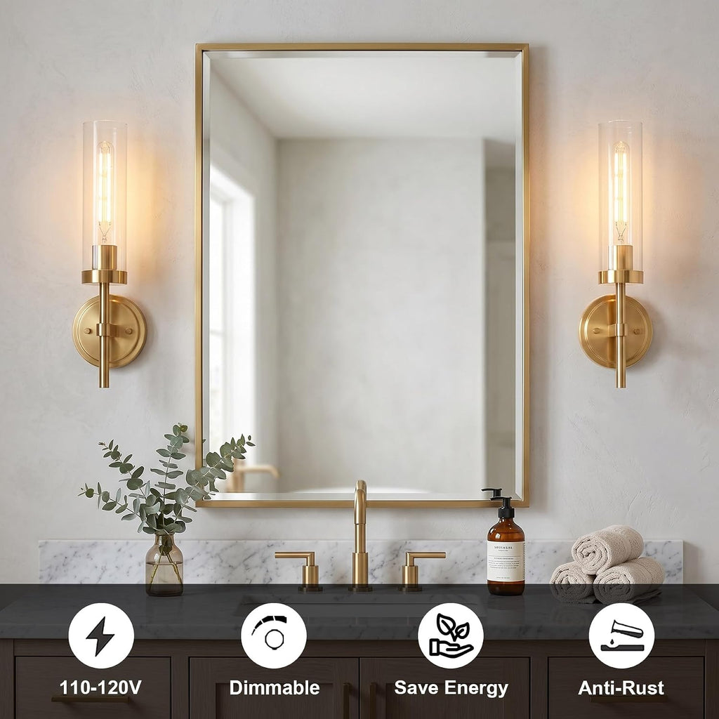 Gold 2‑Pack Hardwired Vanity Sconces, Clear Glass