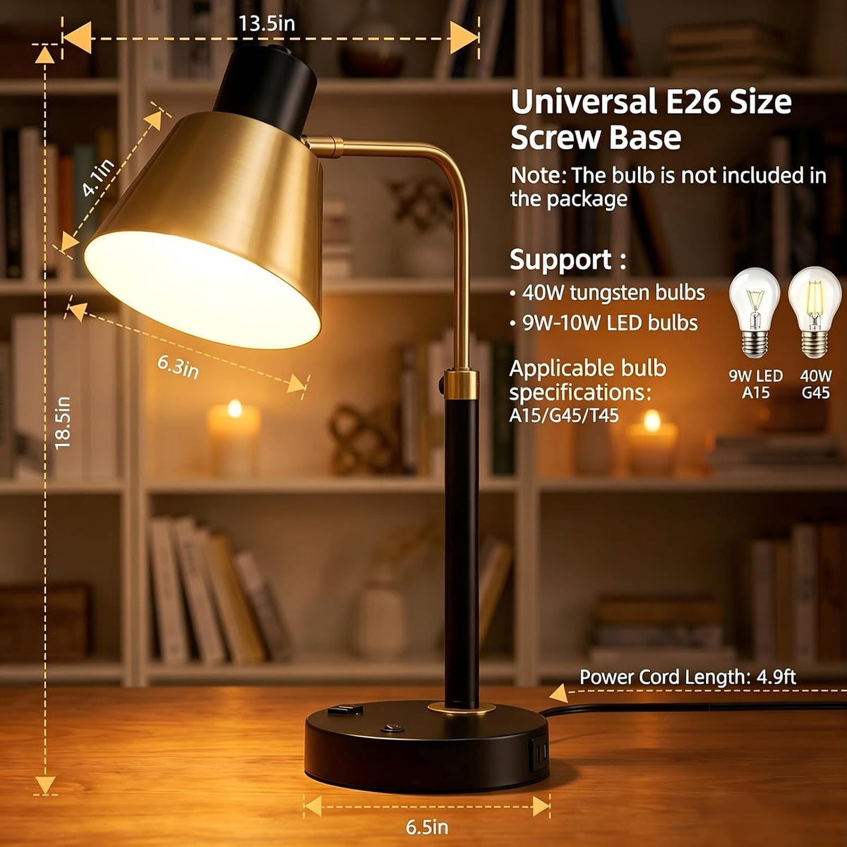 Metal Desk Lamp with USB‑C/A & AC Outlet