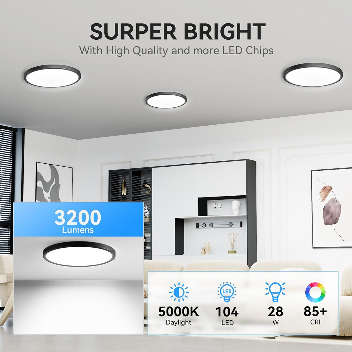 6‑Pack 12" Black 5000K Slim LED Flush Mount Light