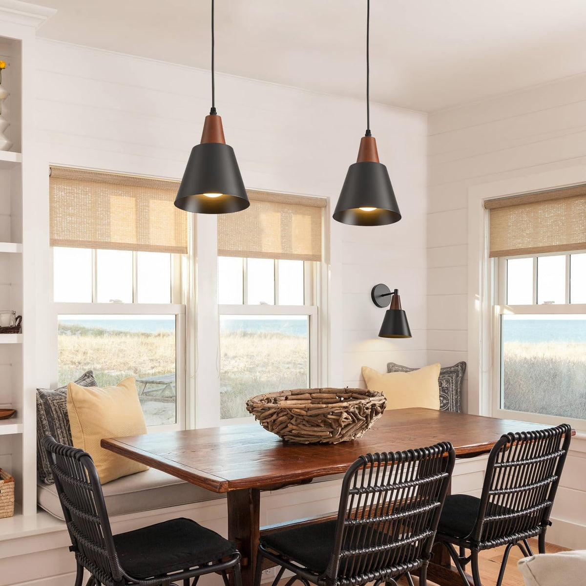 2‑Pack Black Wood Dome Pendant Lights