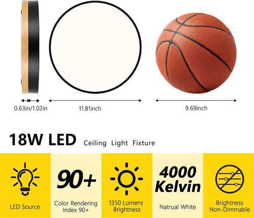 11.81" Modern Wood‑Black Round LED Flush Mount Light