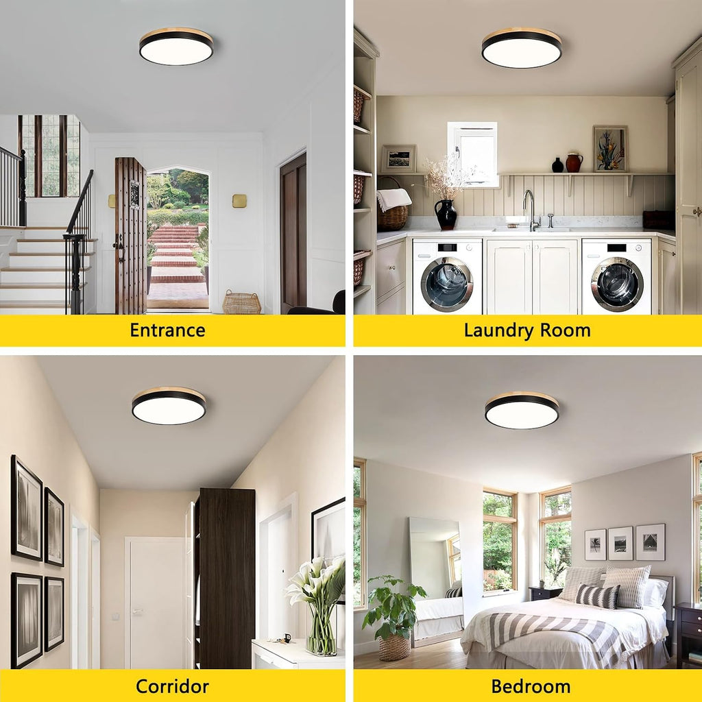 11.81" Modern Wood‑Black Round LED Flush Mount Light