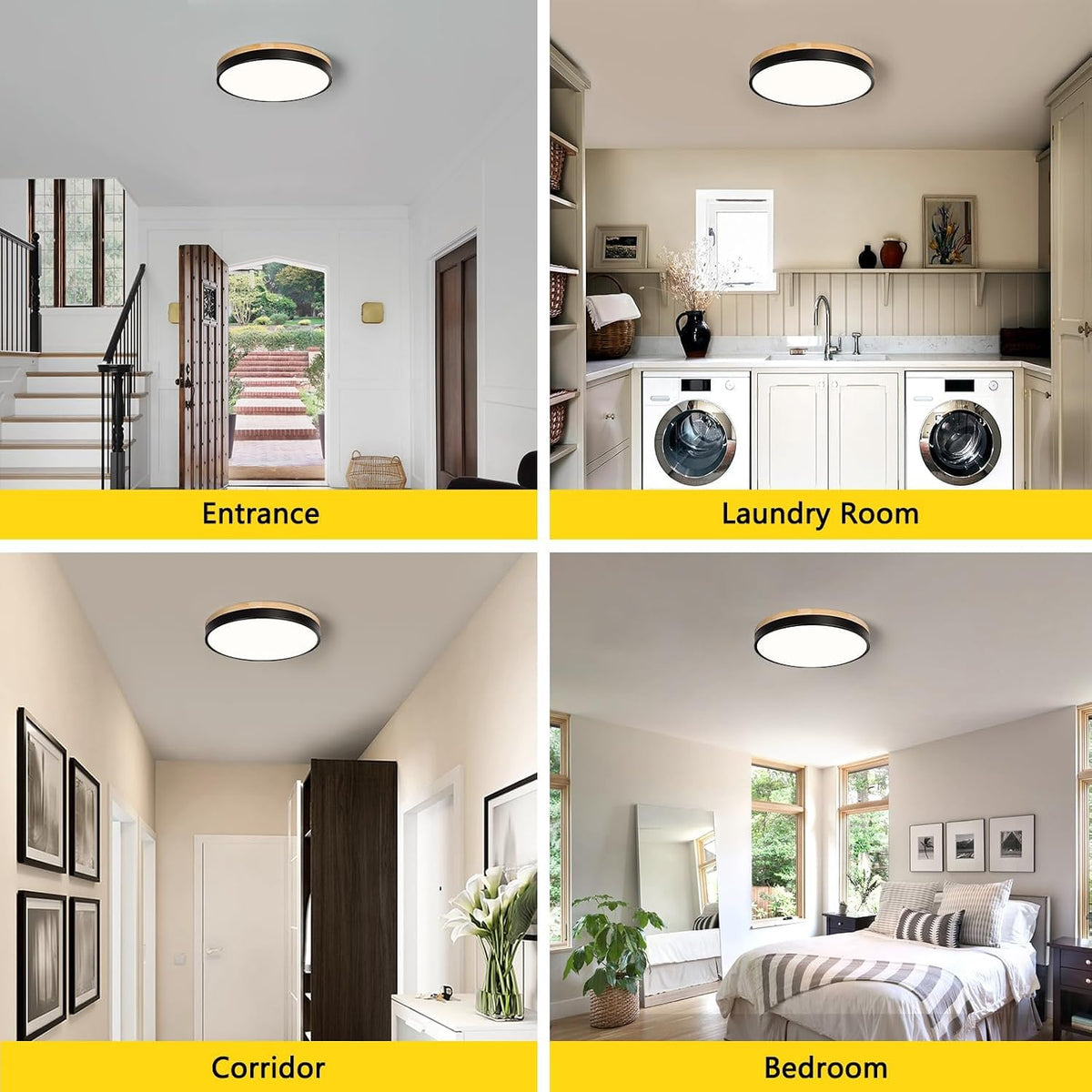 11.81" Modern Wood‑Black Round LED Flush Mount Light