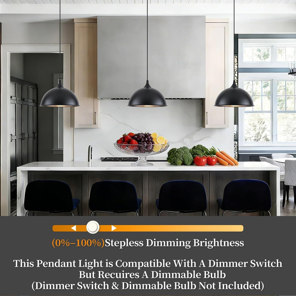 3‑Pack 9.8" Matte Black Dome Pendant Lights