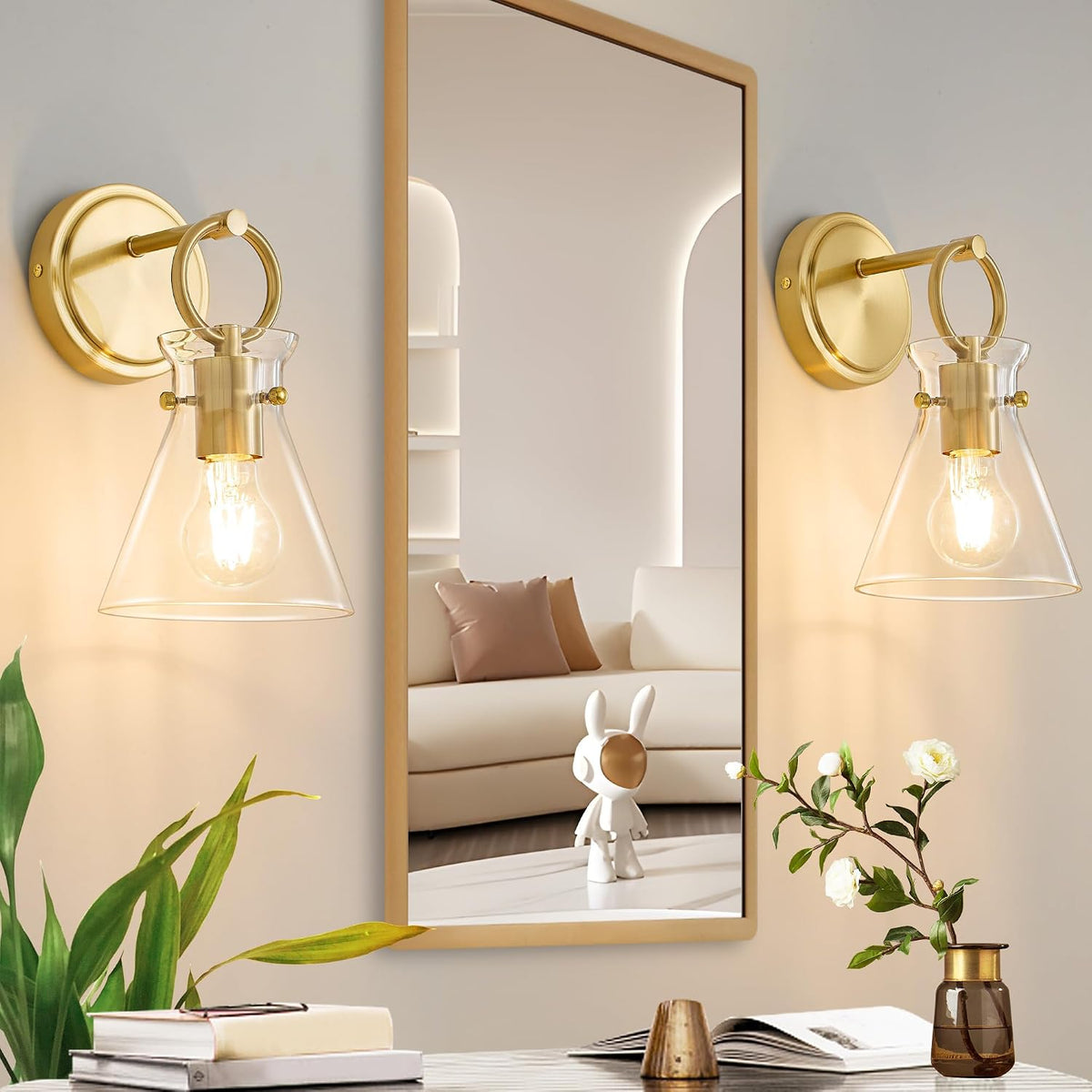 Gold 2‑Pack Hardwired Vanity Sconces with Clear Glass