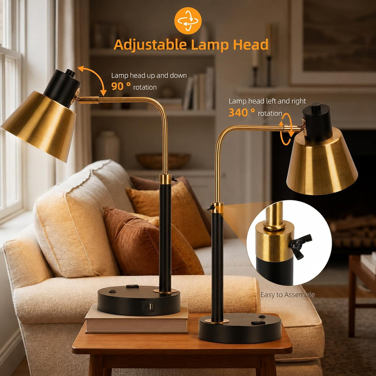 Metal Desk Lamp with USB‑C/A & AC Outlet