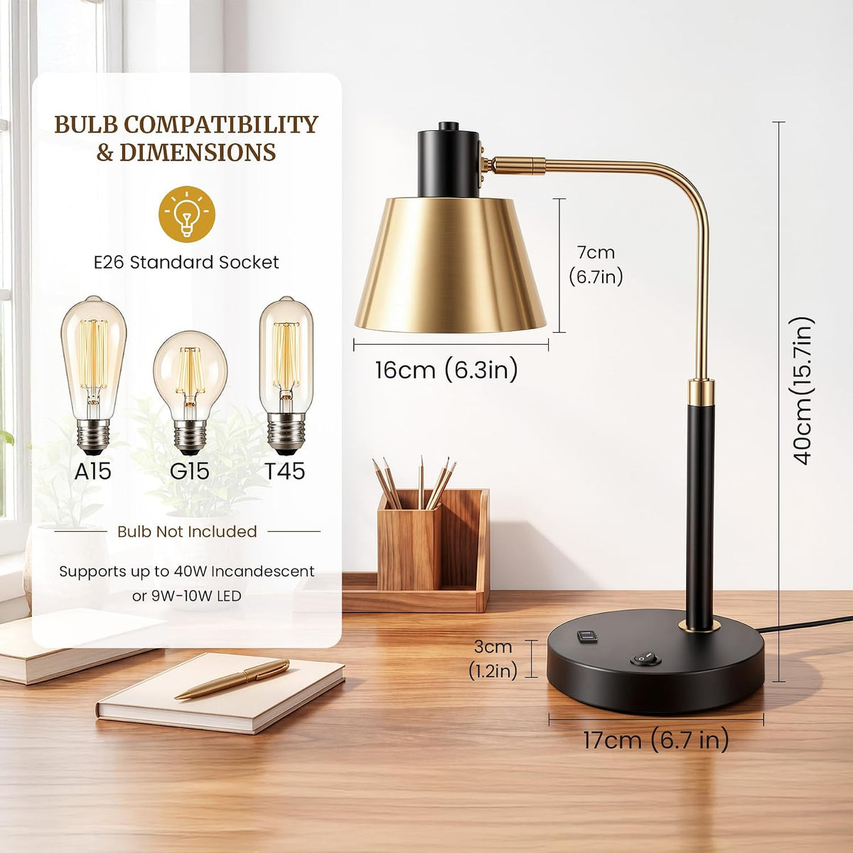 Outlet Adjustable E26 Desk Lamp