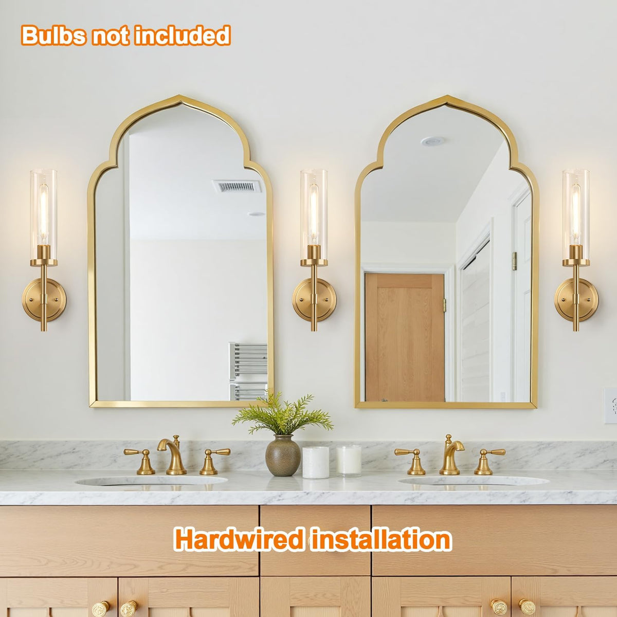 2‑Pack Brushed‑Gold Clear‑Glass Hardwired Wall Sconces