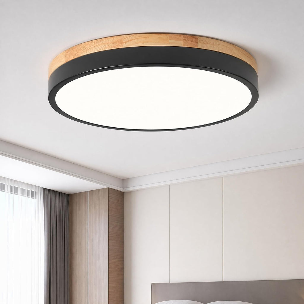 11.81" Modern Wood‑Black Round LED Flush Mount Light