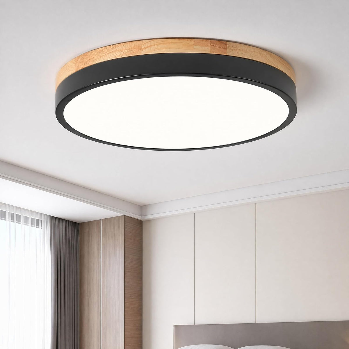 11.81" Modern Wood‑Black Round LED Flush Mount Light