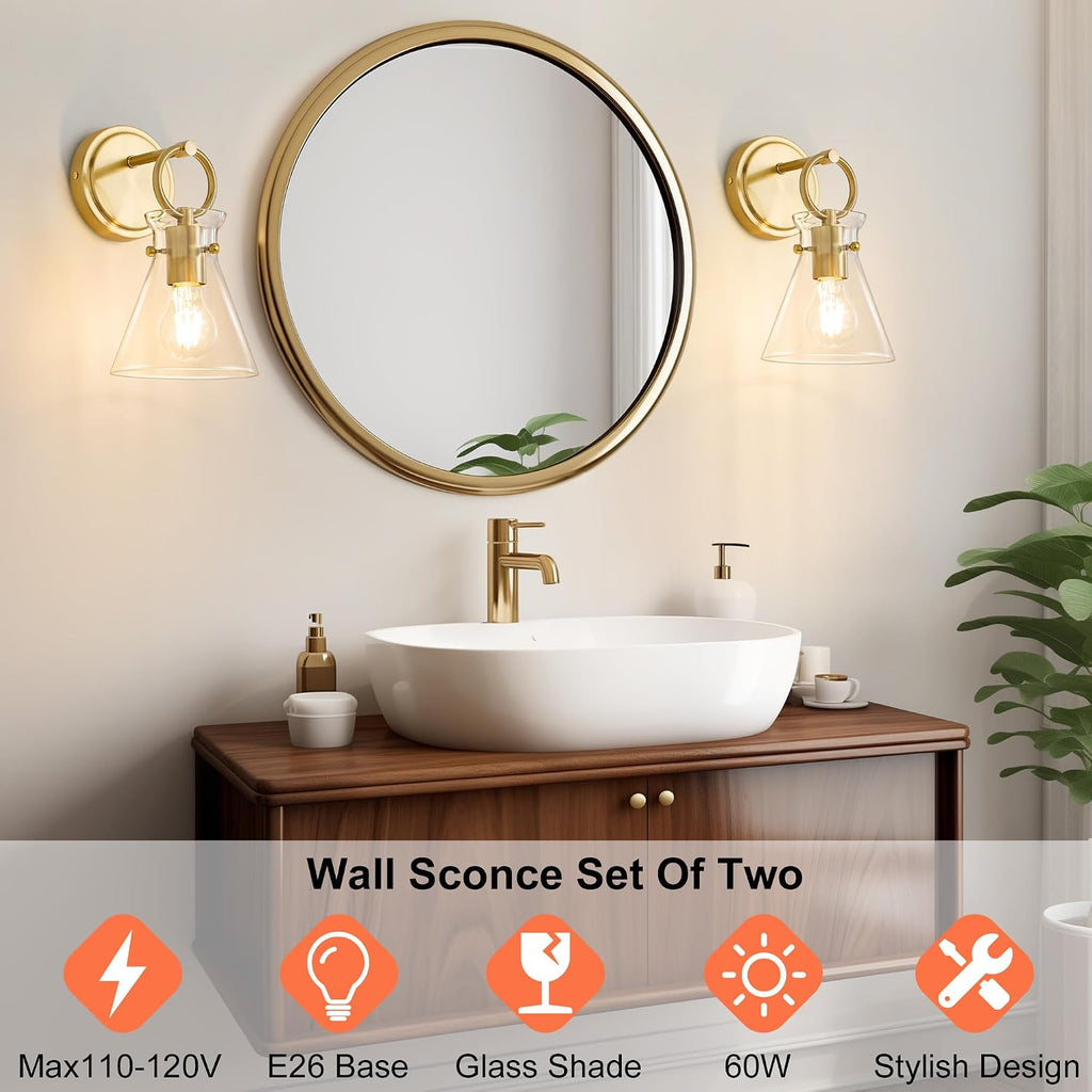 Gold 2‑Pack Hardwired Vanity Sconces with Clear Glass