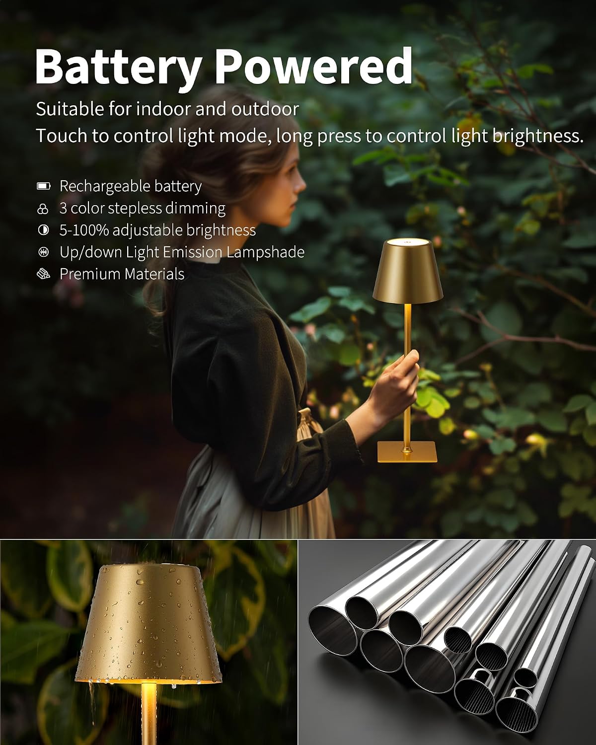 2‑Pack Rechargeable Gold Cordless Table Lamps
