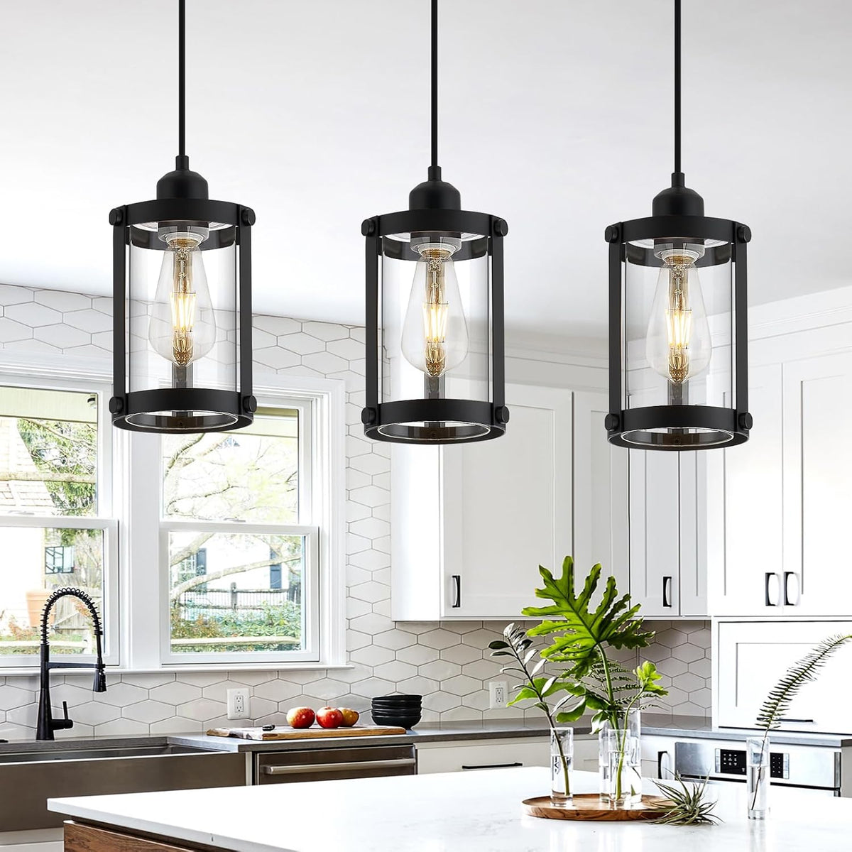 3‑Pack Matte Black Clear Glass Pendant Lights