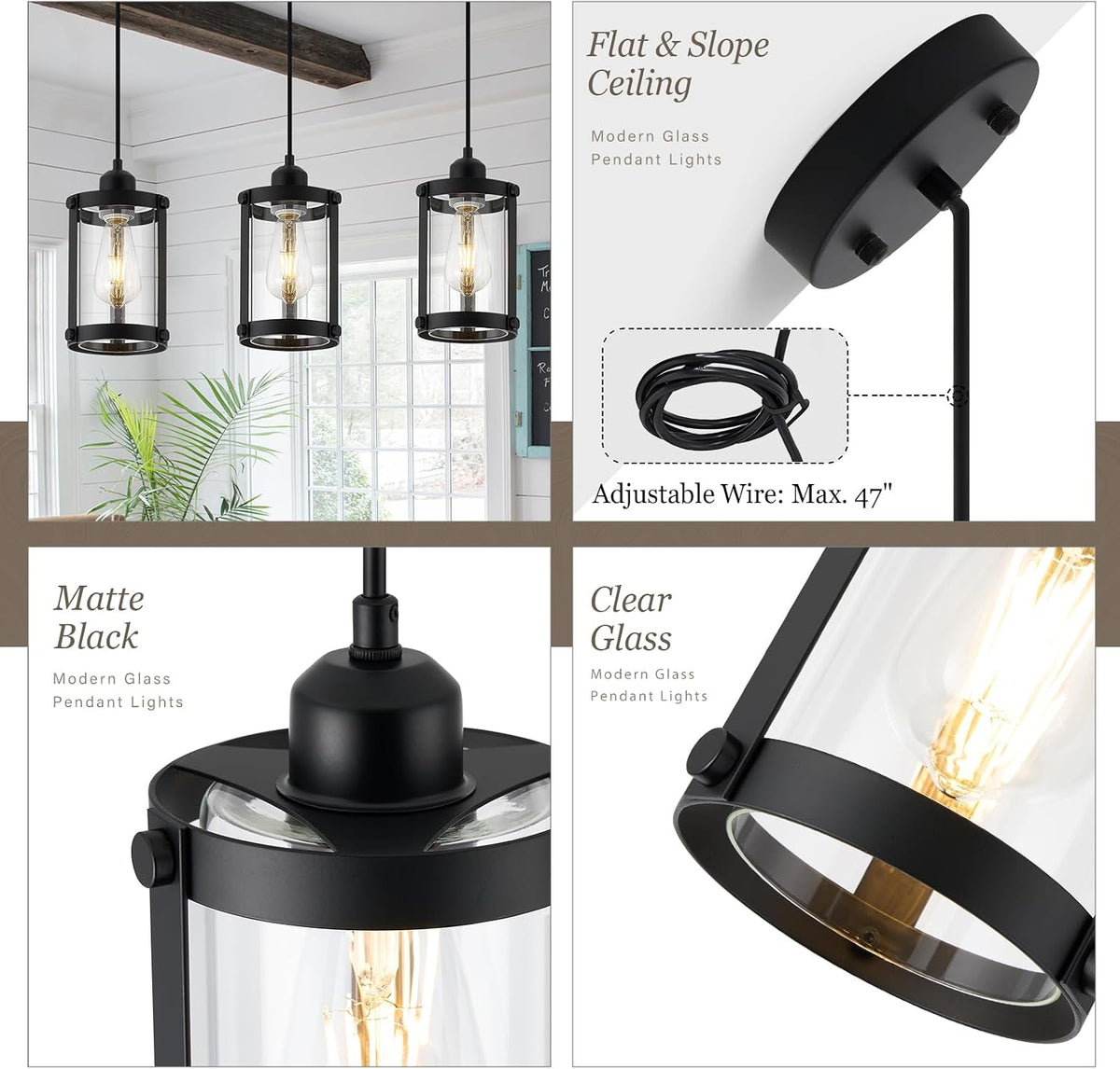 3‑Pack Matte Black Clear Glass Pendant Lights