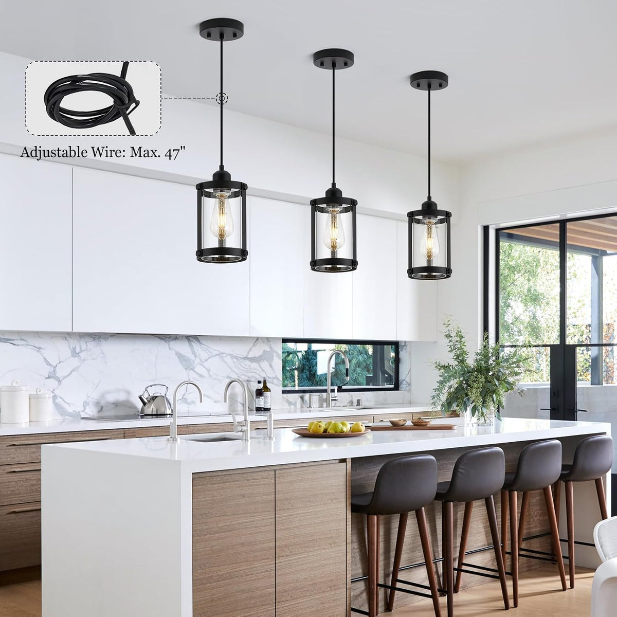 3‑Pack Matte Black Clear Glass Pendant Lights