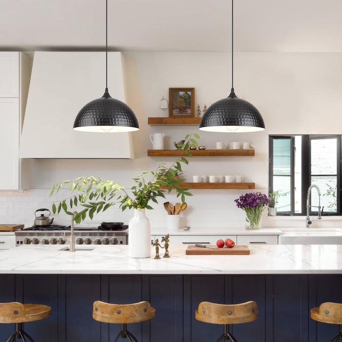 2‑Pack Matte Black Hammered Metal Pendant Lights