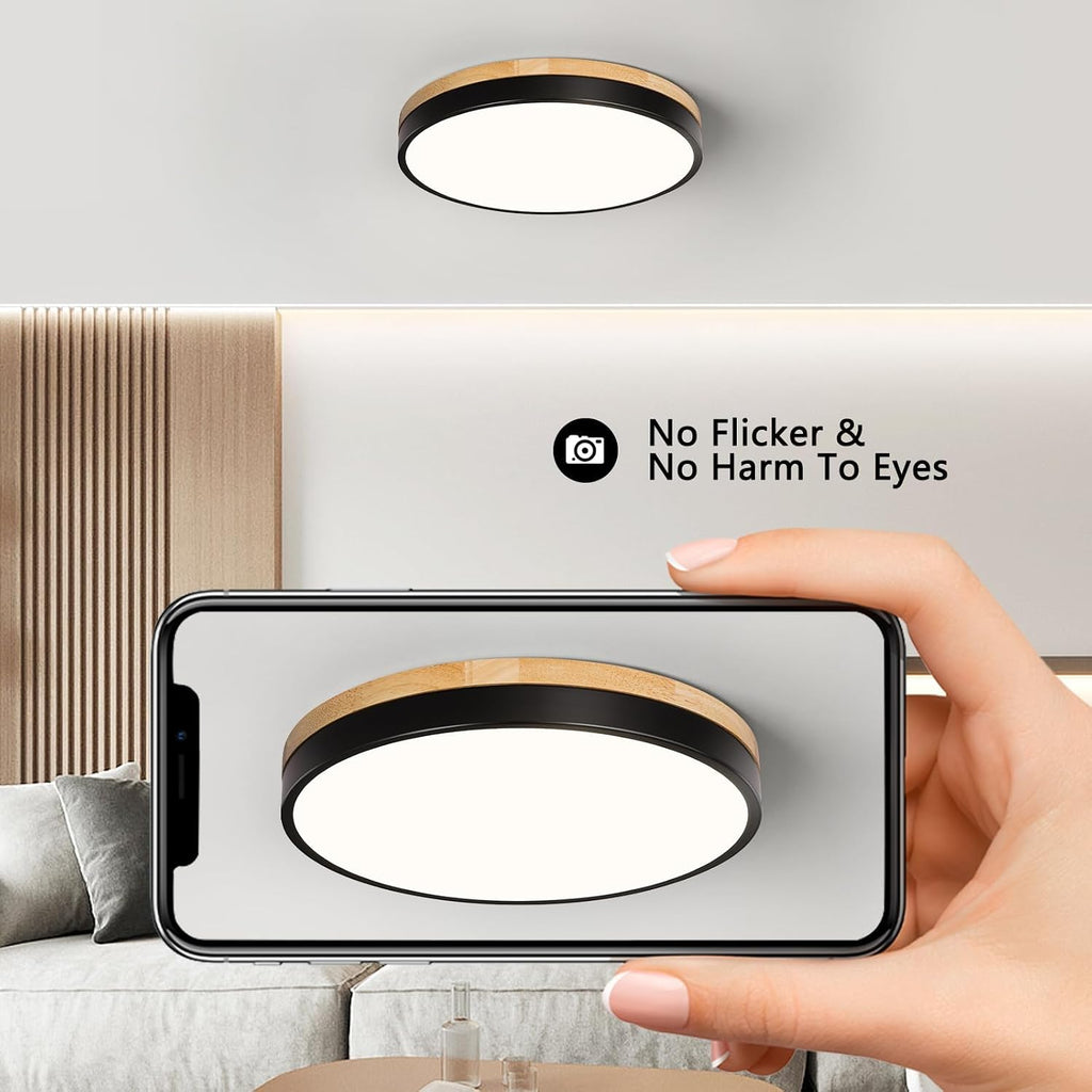 11.81" Modern Wood‑Black Round LED Flush Mount Light
