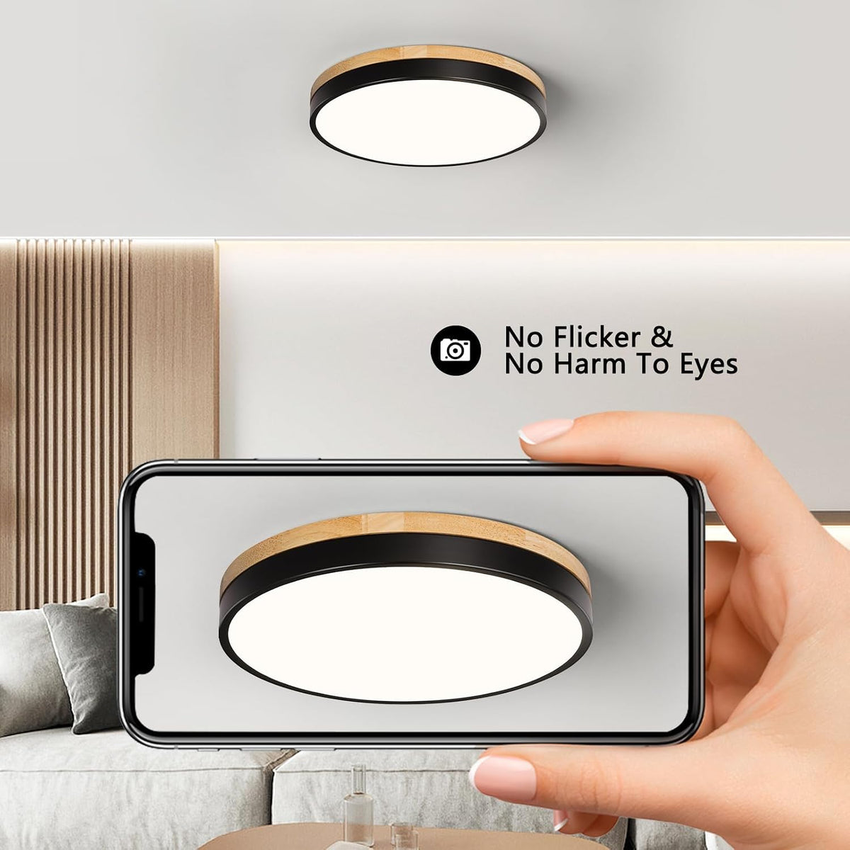 11.81" Modern Wood‑Black Round LED Flush Mount Light