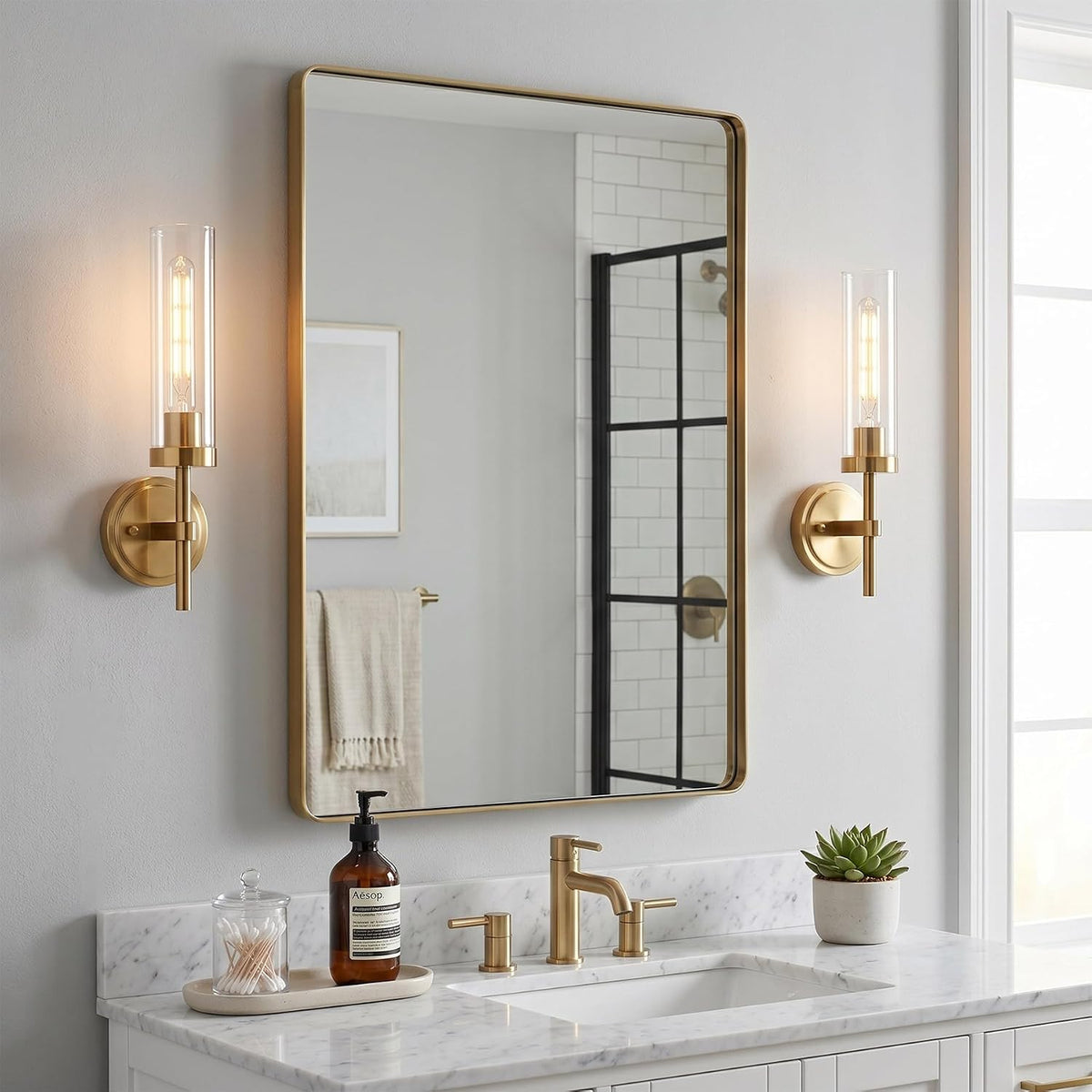 Gold 2‑Pack Hardwired Vanity Sconces, Clear Glass
