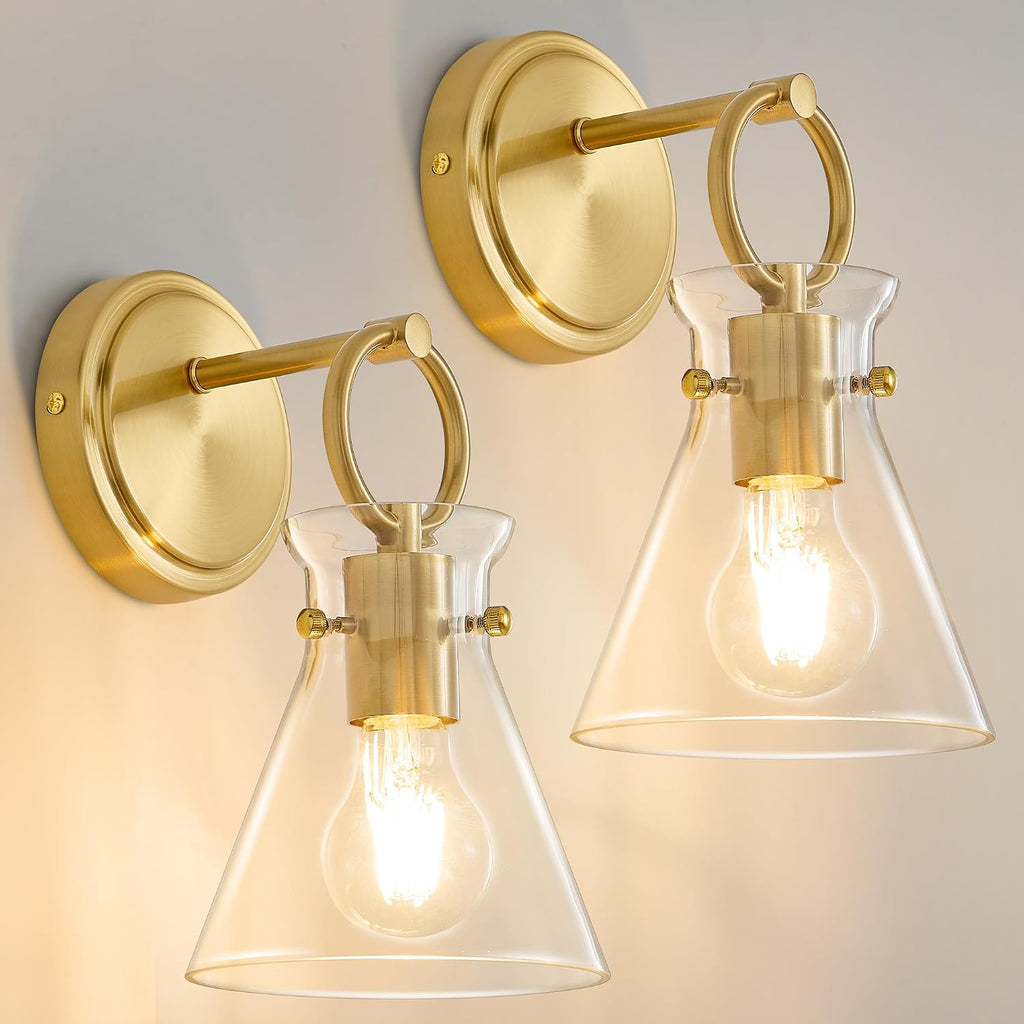 Gold 2‑Pack Hardwired Vanity Sconces with Clear Glass