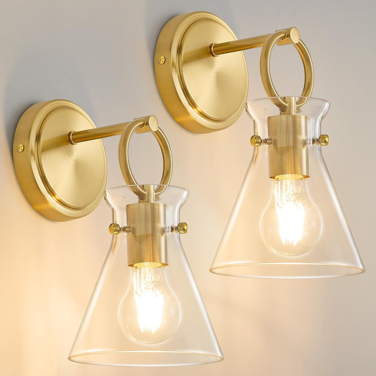 Gold 2‑Pack Hardwired Vanity Sconces with Clear Glass